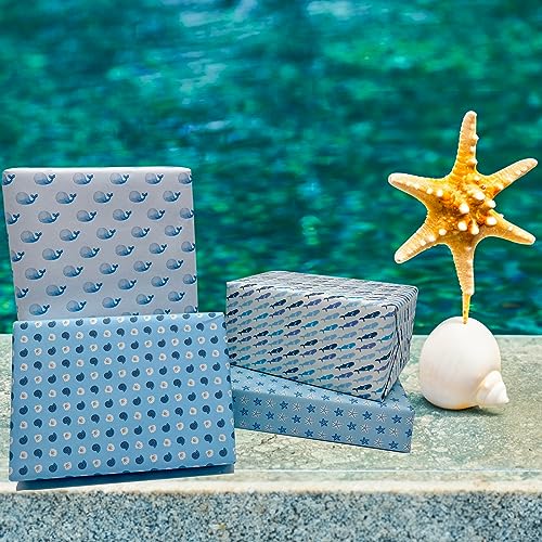 Dtiafu Ocean Wrapping paper for Boys Girls - 8 Sheets 4 Style Sea Blue Gift Wrapping Paper with Cute Whale Starfish Sea Snall Designs for 1st Birthday Baby Shower - 20 X 28inch Per Sheet(Folded Flat)