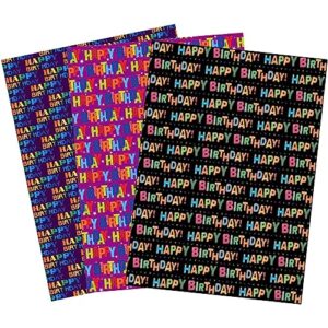 poaocok birthday wrapping paper for boys girls kids men women - 3 styles happy birthday lettering gift wrap paper for party - 12 sheets, 19.7x27.5 inch