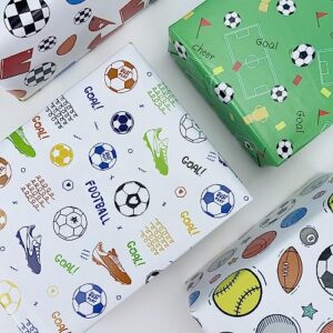 dtiafu flat wrapping paper sheet - 4 style soccer birthday wrapping paper for boys kids men - fun sport gift wrap - 20 x 28 inch per sheet(8 sheet)