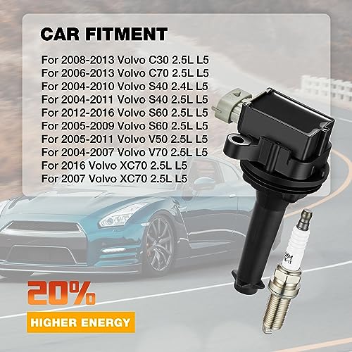 BDFHYK Ignition Coil Pack UF517 and Iridium Spark Plugs AP5325 Compatible with Volvo C30 C70 S40 S60 V50 V70 XC70 2.4L 2.5L L5 C1721 307134170 SKIC178 GN10331 COP345 Sets of 5