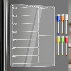 latouni acrylic magnetic menu board for kitchen,acrylic weekly calendar for fridge,acrylic dry erase board for refrigerator,clear meal planner for fridge with 6 magnetic erasable markers 8"x12"