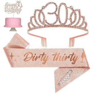 ulfanit 30th birthday tiara and sash for women 30th birthday party, rose gold glittered rhinestone crown, dirty thirty sash & happy 30 birthday cake topper for lady birthday party decorations