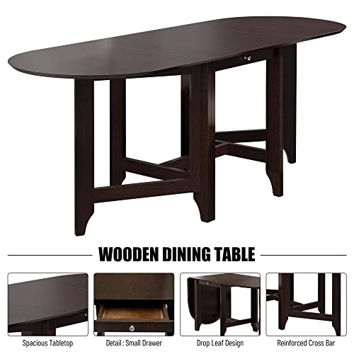 Mcltopz Wood Dining Table for 6, Retro Oval Drop Leaf Dining Table with Spacious Tabletop and Small Drawer, Farmhouse Kitchen Table Foldable Dining Table with Butterfly Leaf for Small Space Apartment