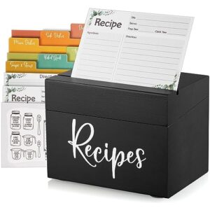 drastar recipe box, wooden recipe organizer, recipe holder box with 50 recipe cards 4"x6" & 6 dividers, recipe book to write in your own recipes