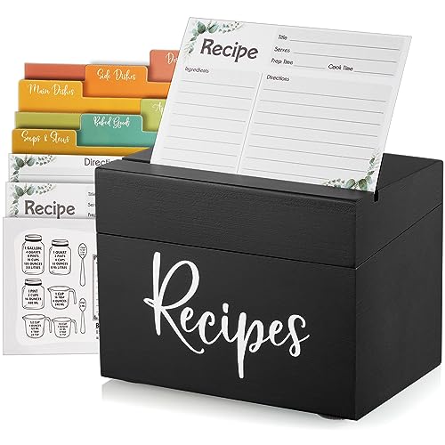 DRASTAR Recipe Box, Wooden Recipe Organizer, Recipe Holder Box with 50 Recipe Cards 4"x6" & 6 Dividers, Recipe Book to Write in Your Own Recipes