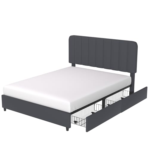 VECELO Queen Size Upholstered Bed Frame with 4 Drawers and Adjustable Headboard, Velvet Platform Storage Bedframe Mattress Foundation, Wooden Slats Support, No Box Spring Needed, Dark Grey