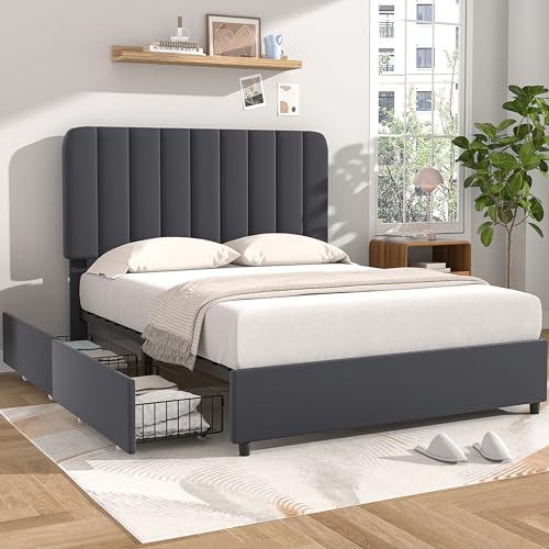 VECELO Queen Size Upholstered Bed Frame with 4 Drawers and Adjustable Headboard, Velvet Platform Storage Bedframe Mattress Foundation, Wooden Slats Support, No Box Spring Needed, Dark Grey