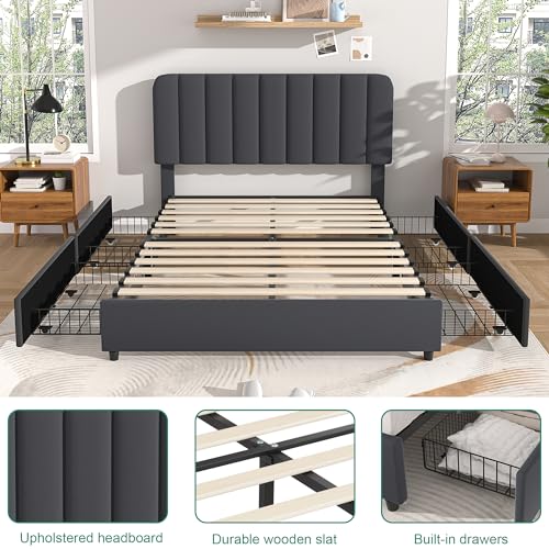 VECELO Queen Size Upholstered Bed Frame with 4 Drawers and Adjustable Headboard, Velvet Platform Storage Bedframe Mattress Foundation, Wooden Slats Support, No Box Spring Needed, Dark Grey