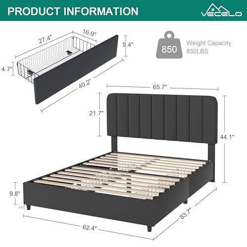 VECELO Queen Size Upholstered Bed Frame with 4 Drawers and Adjustable Headboard, Velvet Platform Storage Bedframe Mattress Foundation, Wooden Slats Support, No Box Spring Needed, Dark Grey