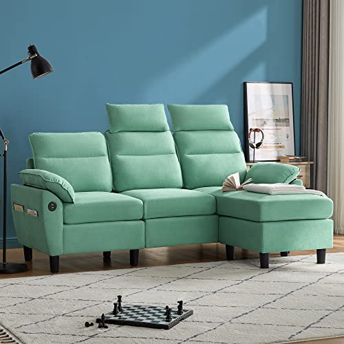 LINSY HOME Sectional Sofa, High Back Sectional Couch with Ottoman, 2 USB and Storage Bags, L Shaped Sofa with Extra Headrests, Small Sectional Sofa Set for Living Room, Apartment, Teal