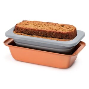hitseon meatloaf pan with drain tray, 2 in 1 foldable loaf pans for baking bread, dishwasher safe metallic nonstick coating bread pan with silicone rack for oven cooking (gray)