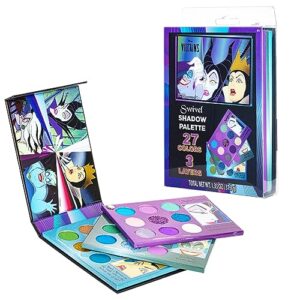 townley girl disney villians water based 27-well eyeshadow swivel palette, shimmery and opaque colors, pigmented blendable, long-lasting colors, ages 3 and up