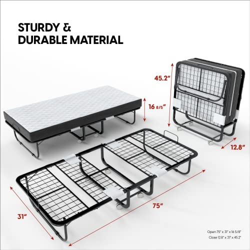 EconoHome Folding Bed with Mattress - 75x31 Cot Size Bed Frame - Portable Foldable Roll Away Adult Bed for Guest - 5-inch Thick Memory Foam Mattress - Space Saving Fold Up Bed for Easy Storage