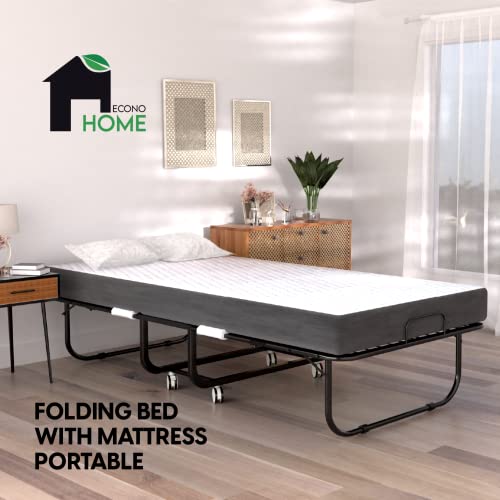 EconoHome Folding Bed with Mattress - 75x31 Cot Size Bed Frame - Portable Foldable Roll Away Adult Bed for Guest - 5-inch Thick Memory Foam Mattress - Space Saving Fold Up Bed for Easy Storage