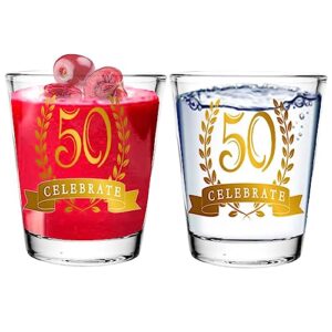 bisyata 50th birthday gift or birthday decoration for women men - 50 celebrate - 50th shot glass set of 2-50th gold anniversary decoration or gift - 2oz - with gift box