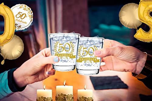 BISYATA 50th Birthday Gift or Birthday Decoration for Women Men - 50 Celebrate - 50th Shot Glass Set of 2-50th Gold Anniversary Decoration or Gift - 2oz - With Gift Box