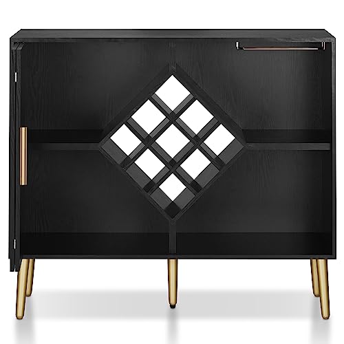 24/7 Shop at Home Danforth Modern 48 in. Wood 4 Shelves Buffet, Sideboard with Bifold-Door, Wine Bottle Holder, Stemware Rack for Dining Room, Kitchen, Black