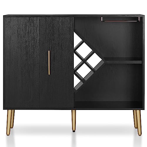 24/7 Shop at Home Danforth Modern 48 in. Wood 4 Shelves Buffet, Sideboard with Bifold-Door, Wine Bottle Holder, Stemware Rack for Dining Room, Kitchen, Black