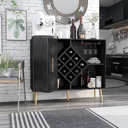 24/7 Shop at Home Danforth Modern 48 in. Wood 4 Shelves Buffet, Sideboard with Bifold-Door, Wine Bottle Holder, Stemware Rack for Dining Room, Kitchen, Black