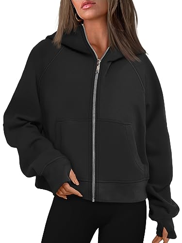 AUTOMET Womens Black Hoodie Fleece Zip Up Jackets Cropped Oversized Sweatshirts Zipper Coat Trendy Pullover Fashion Outfits Winter Clothes