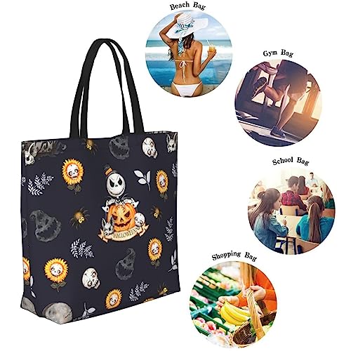 AuHomea Halloween pattern in black skulls Reusable Grocery bags Big Capacity Shopping Bag Canvas Shoulder Tote Handbag for Women Girls