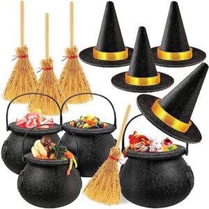 zhwkmyp mini witch hats and brooms, 12pcs small witch hat for crafts kit, witches broom and black candy cauldron kettles for halloween decorations party supplies
