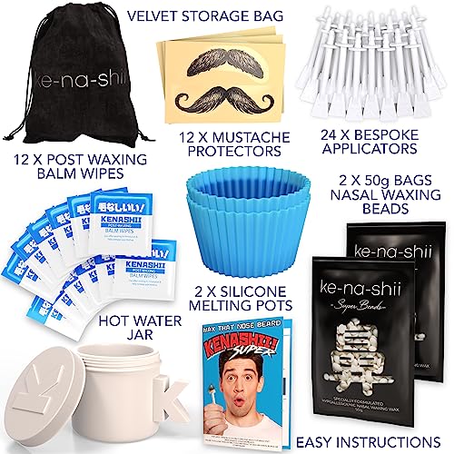 Kenashii Super Nose Wax Kit | 100 g Wax, 24 Applicators | No Microwave Required | New Nose and Ear Hair Removal Kit | Nasal Waxing For Men and Women | 12 X Balm Wipes and Mustache Guards | Storage Bag