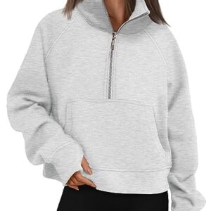 AUTOMET Womens Cropped Sweatshirts Quarter Zip Pullover Half Zipper Oversized Hoodies 2023 Fall Fashion Outfits Clothes Thumb Hole Grey