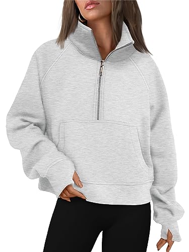 AUTOMET Womens Cropped Sweatshirts Quarter Zip Pullover Half Zipper Oversized Hoodies 2023 Fall Fashion Outfits Clothes Thumb Hole Grey