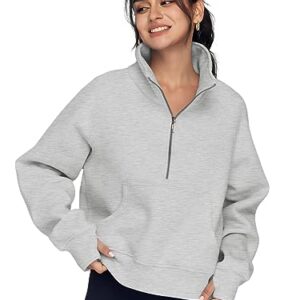 AUTOMET Womens Cropped Sweatshirts Quarter Zip Pullover Half Zipper Oversized Hoodies 2023 Fall Fashion Outfits Clothes Thumb Hole Grey