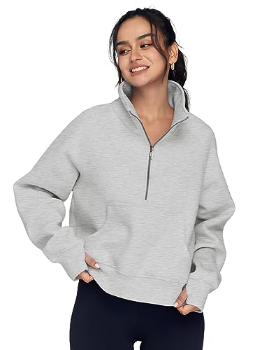 AUTOMET Womens Cropped Sweatshirts Quarter Zip Pullover Half Zipper Oversized Hoodies 2023 Fall Fashion Outfits Clothes Thumb Hole Grey