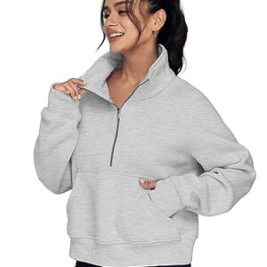 AUTOMET Womens Cropped Sweatshirts Quarter Zip Pullover Half Zipper Oversized Hoodies 2023 Fall Fashion Outfits Clothes Thumb Hole Grey