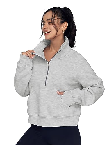 AUTOMET Womens Cropped Sweatshirts Quarter Zip Pullover Half Zipper Oversized Hoodies 2023 Fall Fashion Outfits Clothes Thumb Hole Grey