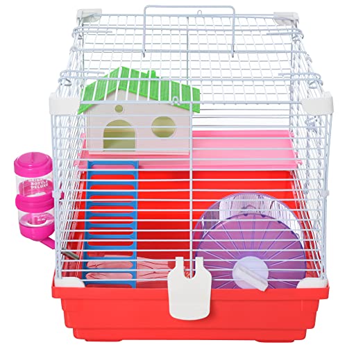 PawHut 18.5" Hamster Cage with Exercise Wheel and Water Bottle, Dish, Rat House and Habitat 2-Story Design, Red