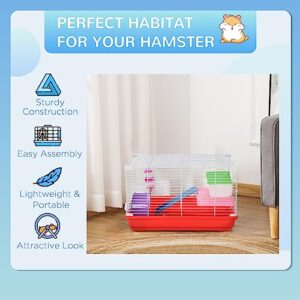 PawHut 18.5" Hamster Cage with Exercise Wheel and Water Bottle, Dish, Rat House and Habitat 2-Story Design, Red