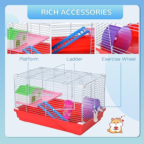 PawHut 18.5" Hamster Cage with Exercise Wheel and Water Bottle, Dish, Rat House and Habitat 2-Story Design, Red