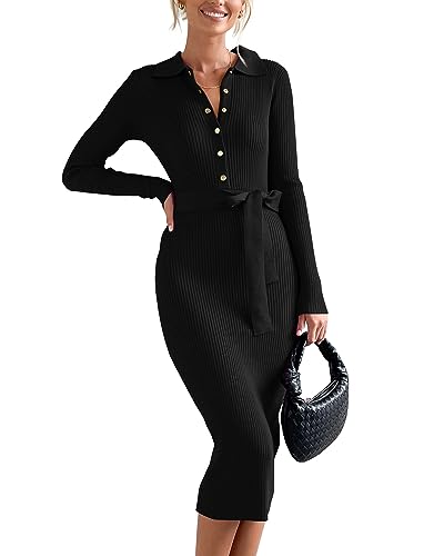 BTFBM 2023 Women V Neck Long Sleeve Bodycon Sweater Dress Button Up Tie Waist Ribbed Knit Midi Pencil Dresses with Belt(Solid Black, Large)