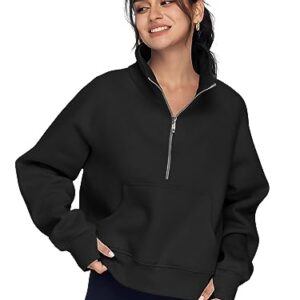 AUTOMET Womens Sweatshirts Half Zip Pullover Cropped Fleece Quarter Zipper Hoodies 2023 Fall Fashion Outfits Clothes Sweater Thumb Hole Black