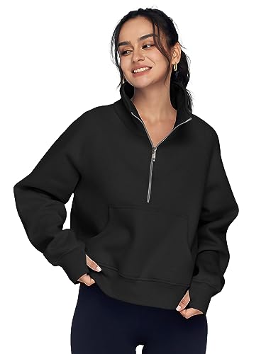 AUTOMET Womens Sweatshirts Half Zip Pullover Cropped Fleece Quarter Zipper Hoodies 2023 Fall Fashion Outfits Clothes Sweater Thumb Hole Black