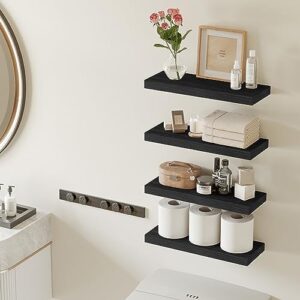 Fixwal 15.8in Floating Shelves, Rustic Wood Finish Wall Shelves Set of 4, Shelves for Wall Decor, with Invisible Brackets for Bathroom, Living Room,Bedroom and Kitchen(Black)