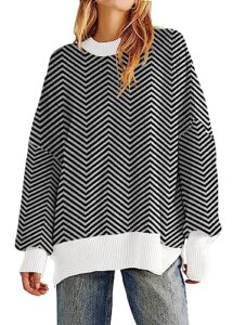 women's oversized crewneck sweaters batwing long sleeve side slit ribbed knit pullover sweater tops c-black