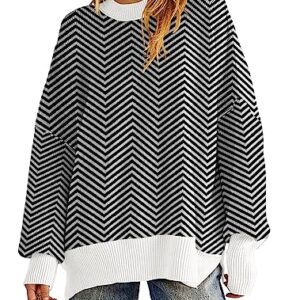 Women's Oversized Crewneck Sweaters Batwing Long Sleeve Side Slit Ribbed Knit Pullover Sweater Tops C-Black