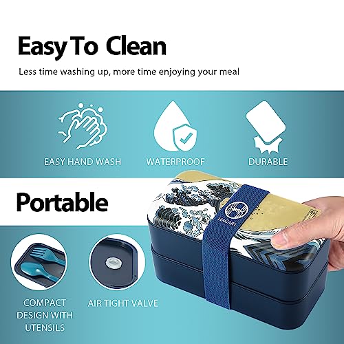 Hagary Wave Bento Box 2 Tier Japanese Lunch Box with Spoon and Fork Stackable Leak-Proof with Movable Partition Lunch Containers Scratch Proof 800ml