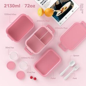 Jelife Bento Lunch Box for Adults - 3 Layers Leak-Proof Stackable Bento Box for Adults, 72oz Large-Style All-in-One Adult Lunchbox Bento Box with Utensil Accessories for Dining Out,Work, Pink