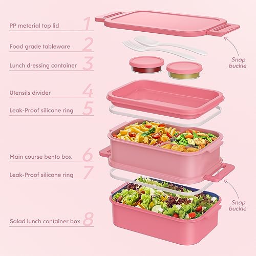 Jelife Bento Lunch Box for Adults - 3 Layers Leak-Proof Stackable Bento Box for Adults, 72oz Large-Style All-in-One Adult Lunchbox Bento Box with Utensil Accessories for Dining Out,Work, Pink