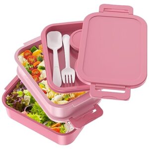 Jelife Bento Lunch Box for Adults - 3 Layers Leak-Proof Stackable Bento Box for Adults, 72oz Large-Style All-in-One Adult Lunchbox Bento Box with Utensil Accessories for Dining Out,Work, Pink