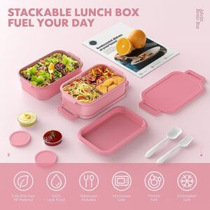 Jelife Bento Lunch Box for Adults - 3 Layers Leak-Proof Stackable Bento Box for Adults, 72oz Large-Style All-in-One Adult Lunchbox Bento Box with Utensil Accessories for Dining Out,Work, Pink