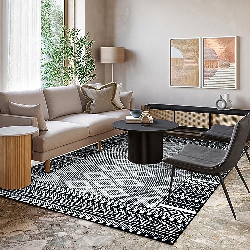 Seavish Boho Living Room Rugs 5x7 Black Area Rug for Bedroom Low Pile Stain Resistant Ultra-Thin Distressed Rug Moroccan Geometric Neutral Area Rug for Nursery Kids Room Dorm Home Decor