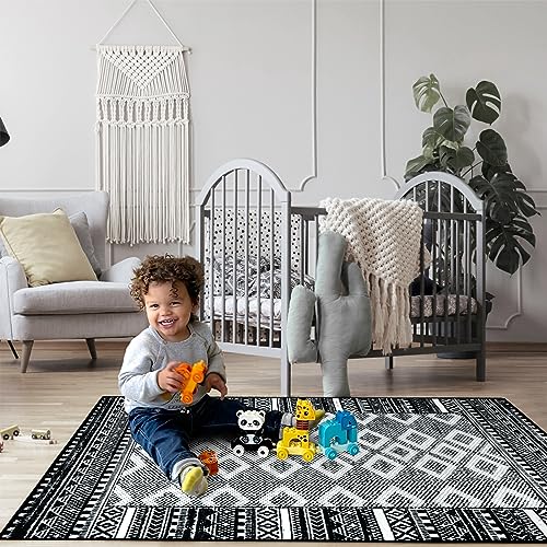 Seavish Boho Living Room Rugs 5x7 Black Area Rug for Bedroom Low Pile Stain Resistant Ultra-Thin Distressed Rug Moroccan Geometric Neutral Area Rug for Nursery Kids Room Dorm Home Decor