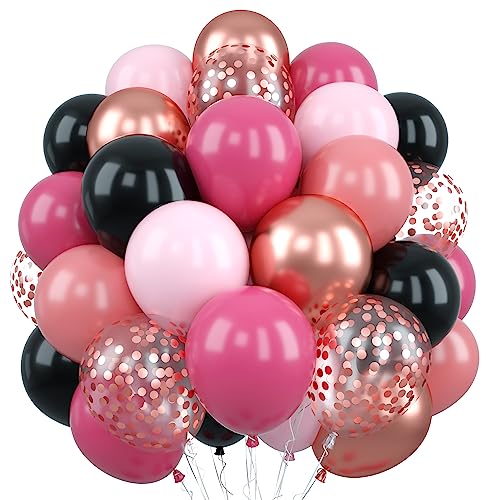 Pink and Black Balloons, 55PCS Rose Gold Hot Pink Black Party Balloons Set Metallic Rosegold Confetti Helium Balloons Dusty Rose Pink Black Latex Balloon for Girl Birthday Princess Wedding Decorations